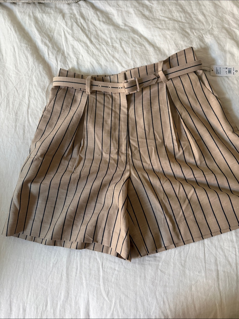 Favorite Daughter Tan Shorts with Black Pinstripes and Matching Belt